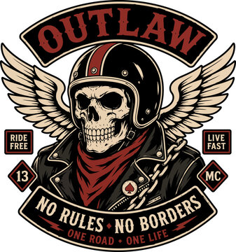 Outlaw Skull Biker with Wings Vintage Motorcycle Club T-Shirt Design Vector Illustration