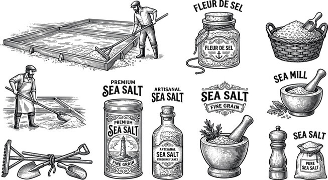 Vintage Detailed Hand Drawn Artisanal Sea Salt Harvesting and Packaging Element Set Featuring Engraving Style Workers Salt Pans Mortar and Pestle Vector Illustration