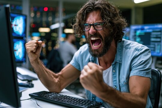 man sits at a desk in an office, looking angry while staring at a computer screen. He has curly hair and glasses. His fists are raised in frustration. atmosphere is tense