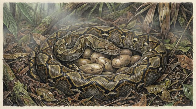 Reticulated Python Egg Incubation, Snake Nest with Eggs in Tropical Environment
