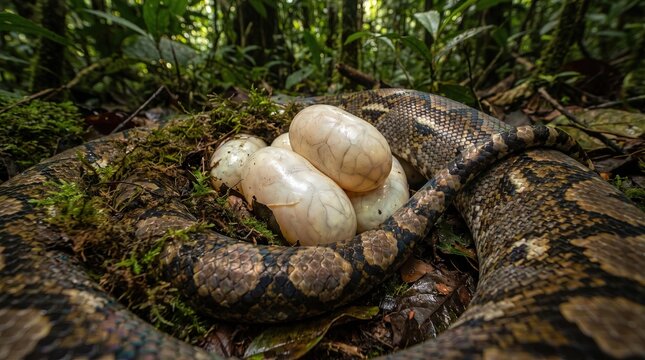 Reticulated Python Egg Incubation, Snake Coils Around Eggs in Lush Forest Setting