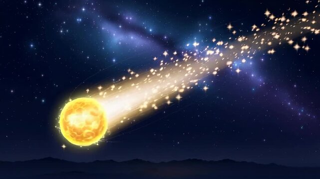 Bright glowing comet with sparkling trail flying through starry night sky over mountain silhouette