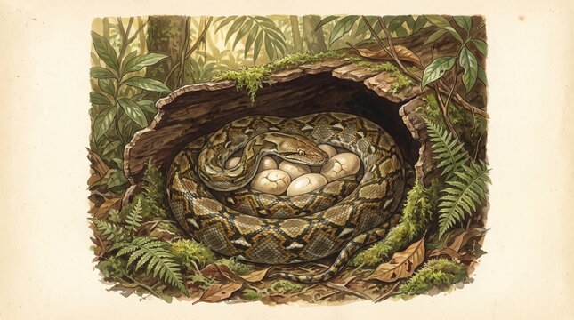 Reticulated Python Egg Incubation, Snake Coiled Around Eggs in Natural Habitat