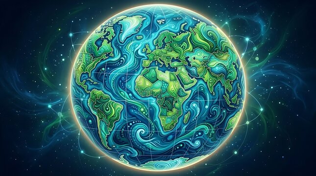 Vibrant stylized Earth globe with intricate patterns, global network, and glowing cosmic background showcasing interconnected environmental and technological concepts.