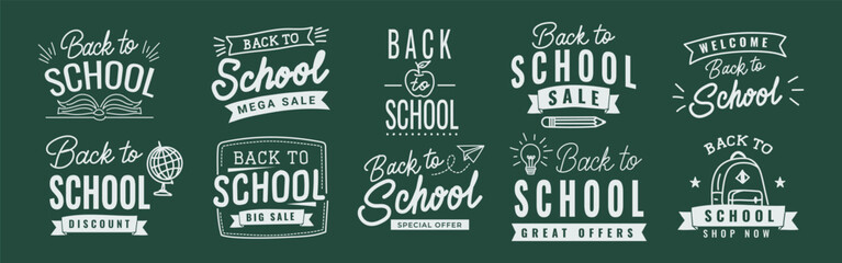 Fototapeta premium Back to school typography badge set with sale labels and lettering on chalkboard background for autumn promo banners, discount flyers and marketing design. Vector illustration