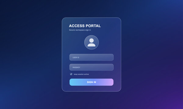 Glassmorphism login page template with user avatar, username and password input fields, sign in button on blurred transparent glass panel. Vector ui template