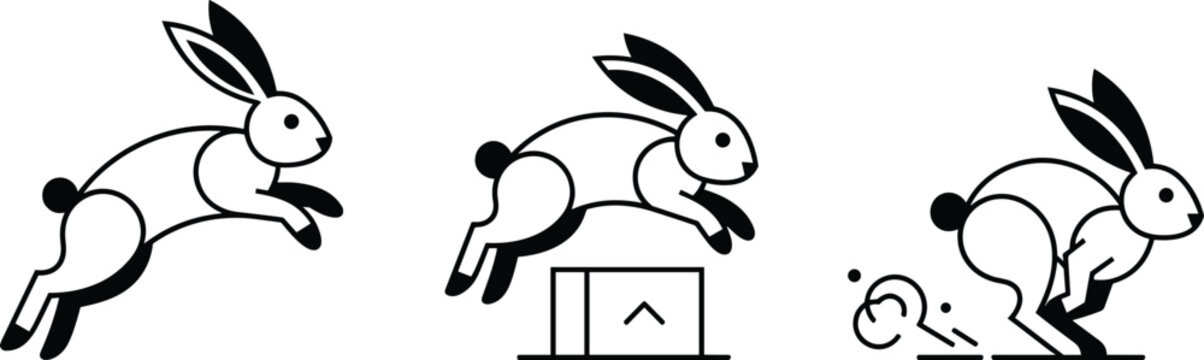 Running hare vector illustration set featuring modern minimalist fast jumping and racing rabbit icons isolated on white background