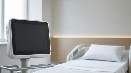 Fototapeta premium Minimalist patient room with empty hospital bed and modern medical monitor, bright window and clean atmosphere create calm environment