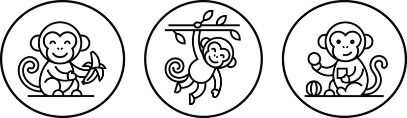 Cute monkey circular badge vector icon set featuring line art chimpanzee eating banana, hanging from branch, and playing © nice