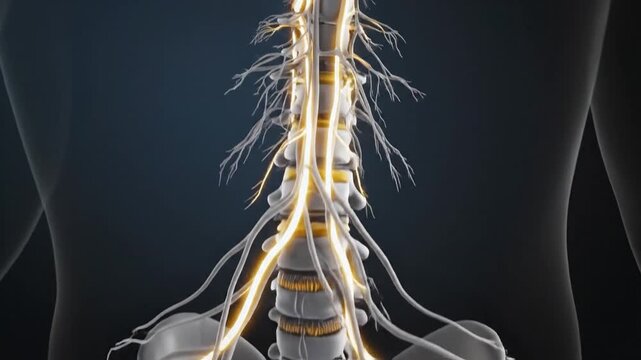 Human brain and spinal cord anatomical model with glowing nerves on a dark background