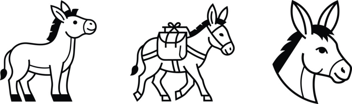 Donkey vector illustration set featuring modern minimalist pack mule travel cargo and profile head icons
