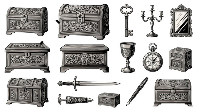 Vintage antique illustration collection of ornate chests treasure boxes keys and historical artifacts on transparent background