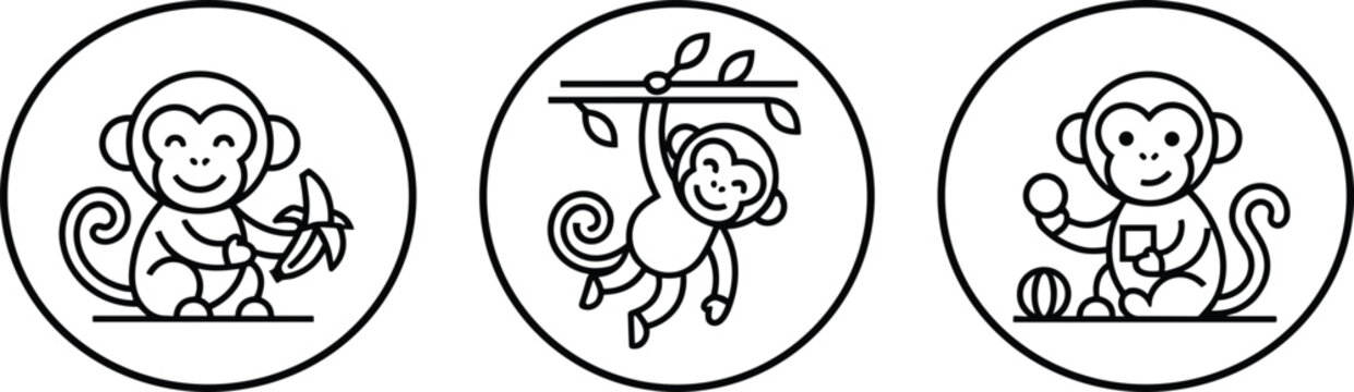 Cute monkey circular badge vector icon set featuring line art chimpanzee eating banana, hanging from branch, and playing