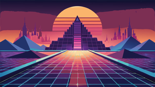 Retro synthwave pyramid landscape with grid horizon synthwave landscape vaporwave cyberpunk futuristic background electronic adventure abstract perspective illustration technology