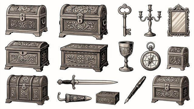 Vintage Style Illustration Set of Ornate Treasure Chests Keys Candlesticks Compass and Antique Writing Instruments