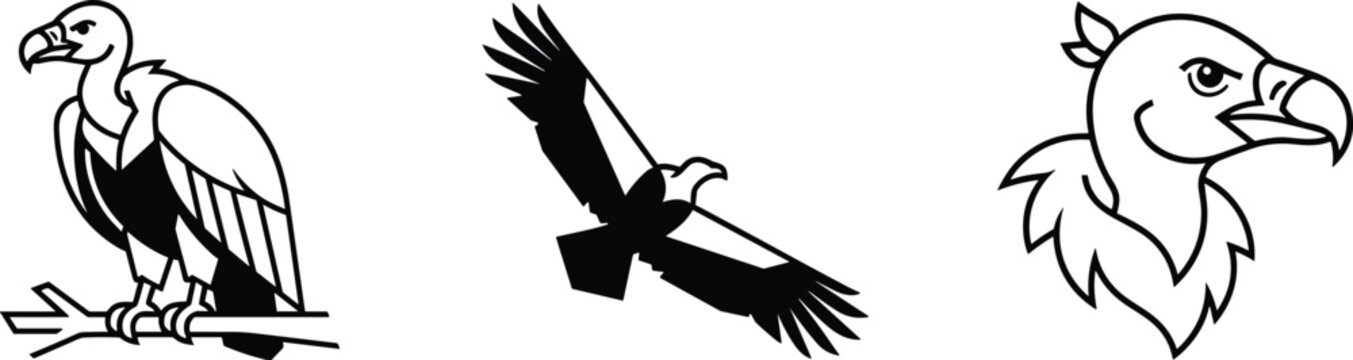Vulture vector illustration set featuring modern abstract flying scavenger bird icons isolated on white background