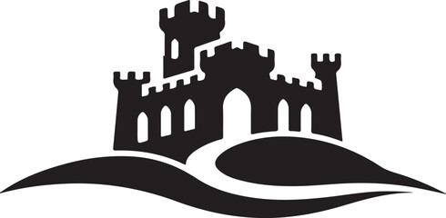 Obraz premium Medieval castle stone fortress silhouette vector graphic illustration featuring sharp crenellated towers and dark architectural design on clean white background