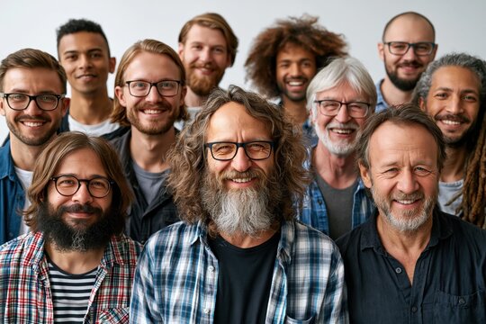 group of men stand close together in bright studio. They are smiling and have different styles. Some wear glasses and have various hairstyles. They seem to enjoy each others company