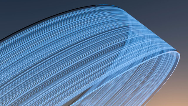 3D render of abstract curved translucent glass ribbon with fine blue fiber lines and glowing refraction effects on a dark gradient background