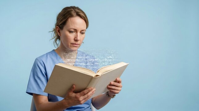 Reader holds an open book as a swirl of illuminated text floats upwards to symbolize the flow of information and the transformative experience of gaining new knowledge through dedicated reading.