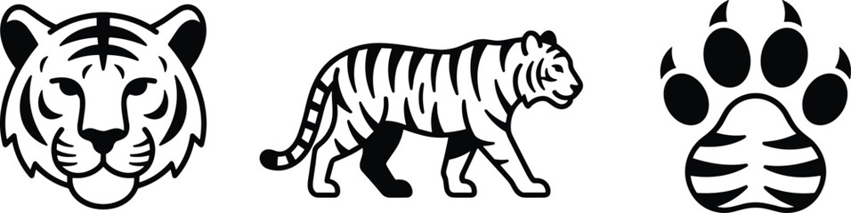 Tiger vector illustration set featuring modern minimalist wild predator head and paw print icons isolated on white background © nice