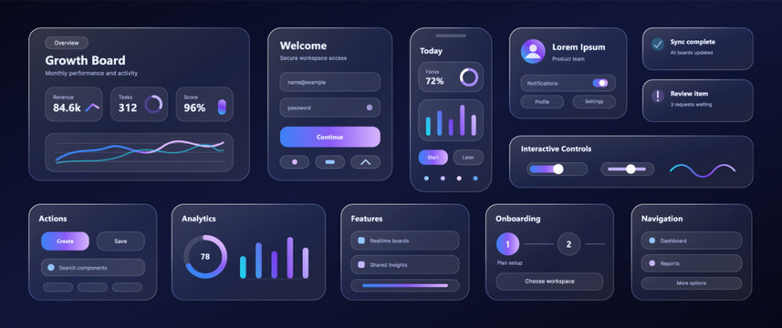 Dark neon style UI kit dashboard elements, featuring financial analytics charts, login form, mobile screens, sliders, and progress rings. Vector interface elements