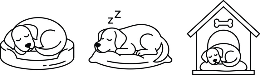 Sleeping dog vector illustration set featuring modern minimalist cute puppy pet bed cushion and doghouse icons
