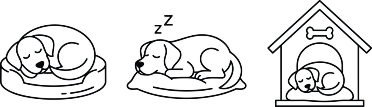 Sleeping dog vector illustration set featuring modern minimalist cute puppy pet bed cushion and doghouse icons
