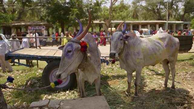 Two Decorated Sacred White Cows During a Festival in Hampi, India
