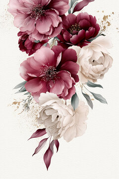 Luxury Botanical Peony Watercolor Illustration with Antique Gold Accents on Ivory Background