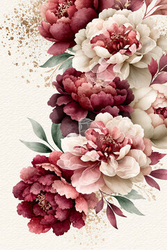 Luxury Botanical Peony Watercolor Illustration with Antique Gold Accents on Ivory Background