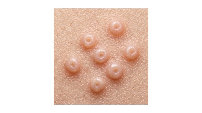 Close up of molluscum contagiosum viral skin infection with typical umbilicated papules