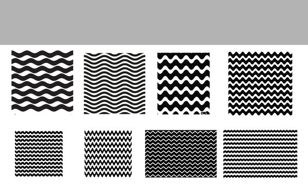 This image features a collection of eight black-and-white seamless geometric wave patterns arranged in two rows. The patterns showcase various styles, ranging from smooth, flowing sinusoidal curves to