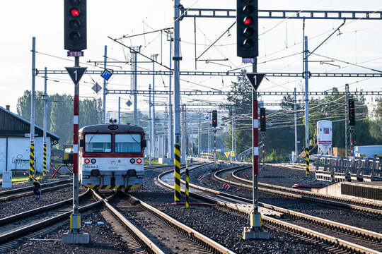 Poprad, Slovakia - July 25, 2026: Passenger railcar Class 812 at Poprad-Tatry railway station junction.