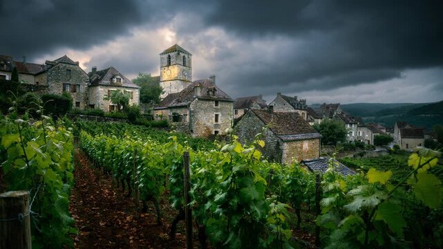 Scenic vineyard village with stone houses and clock tower under dramatic cloudy sky in countryside