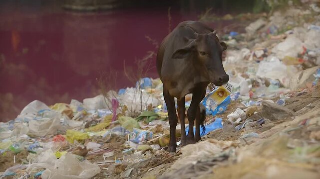 Cow Eating Garbage Beside a Polluted Red River in India