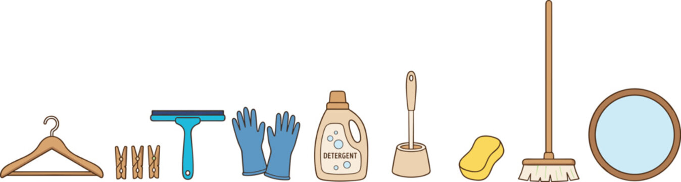 Cleaning supplies set, detergent bottle, gloves, broom, sponge, squeegee, hanger, vector illustration.