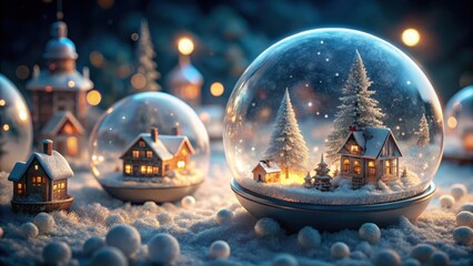 Fototapeta premium A delicate miniature snowglobe village nestled among icy crystals and sparkling snowflakes within a frosty glass sphere