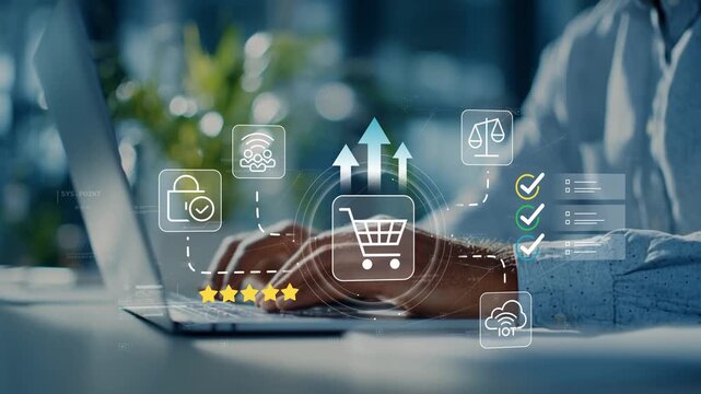 Businessman using laptop with animated shopping cart icon, sales optimization dashboard, ecommerce performance analytics, customer conversion strategy, online retail growth and digital business techno