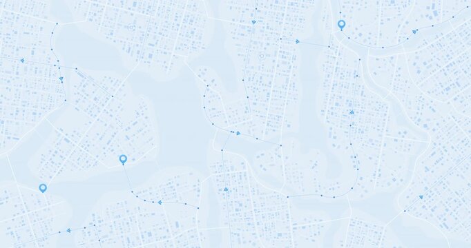 Complex route network developing across light blue city map with markers