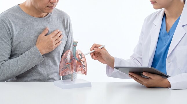 Professional female doctor using a human lung anatomy model to explain respiratory health issues to a patient with chest pain