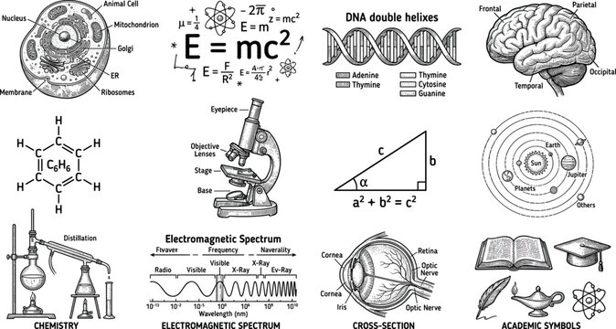 Vintage Science and Education Element Set Featuring Engraving Style Diagrams of Physics Chemistry Biology Astronomy Anatomy and Mathematics Vector Illustration