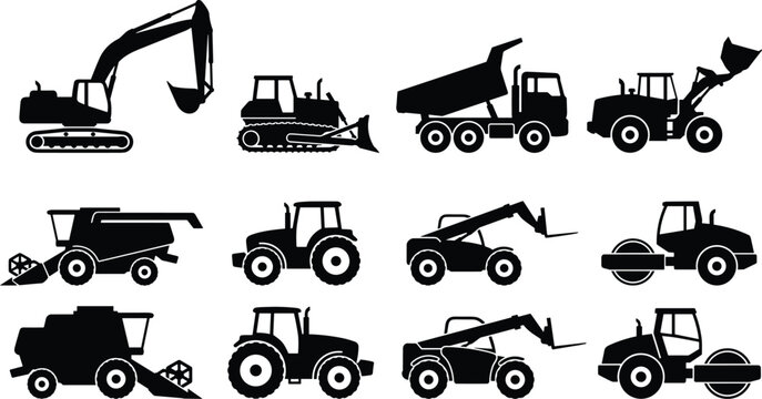 Construction and Agricultural Heavy Machinery Silhouette Icon Set Featuring Excavator, Tractor, Dump Truck, and Bulldozer Vector Elements