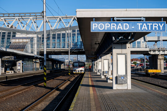 Poprad, Slovakia - July 25, 2026: Train arriving at Poprad-Tatry railway station platform.