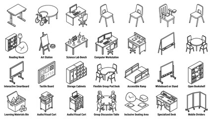 Fototapeta premium Isometric Classroom Furniture and Educational Equipment Icons