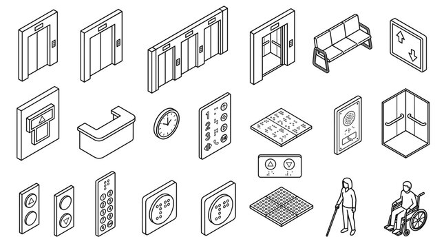 Isometric Elevator and Accessibility Icon Set