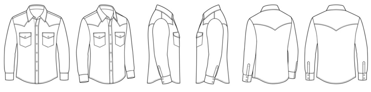 plain white mens western denim style shirt flat sketch vector illustration long sleeve yoke detail casual wear shirt multiple views technical cad drawing template