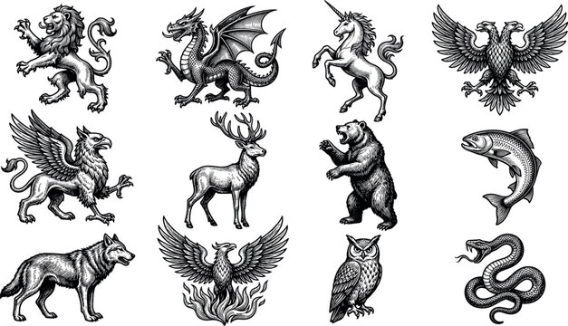 Vintage Heraldic Animals and Mythical Creatures Silhouette Element Set Featuring Lion Dragon Unicorn Eagle Griffin Bear and Wolf Vector Illustration