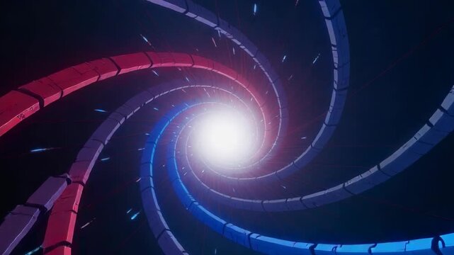 Abstract glowing spiral tunnel with red and blue futuristic light beams in dark space background