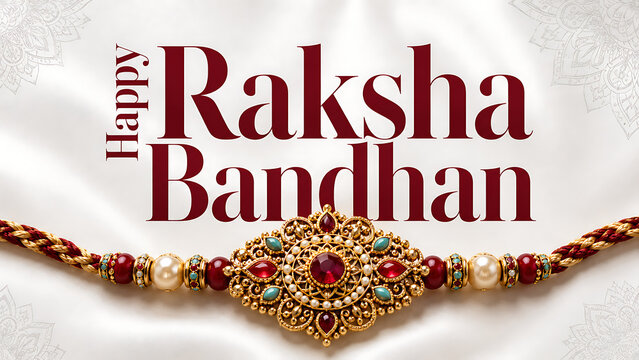 Happy raksha bandhan greeting with ornate ruby pearl rakhi on elegant white background celebrating sibling love and traditional hindu religious festival decorative design